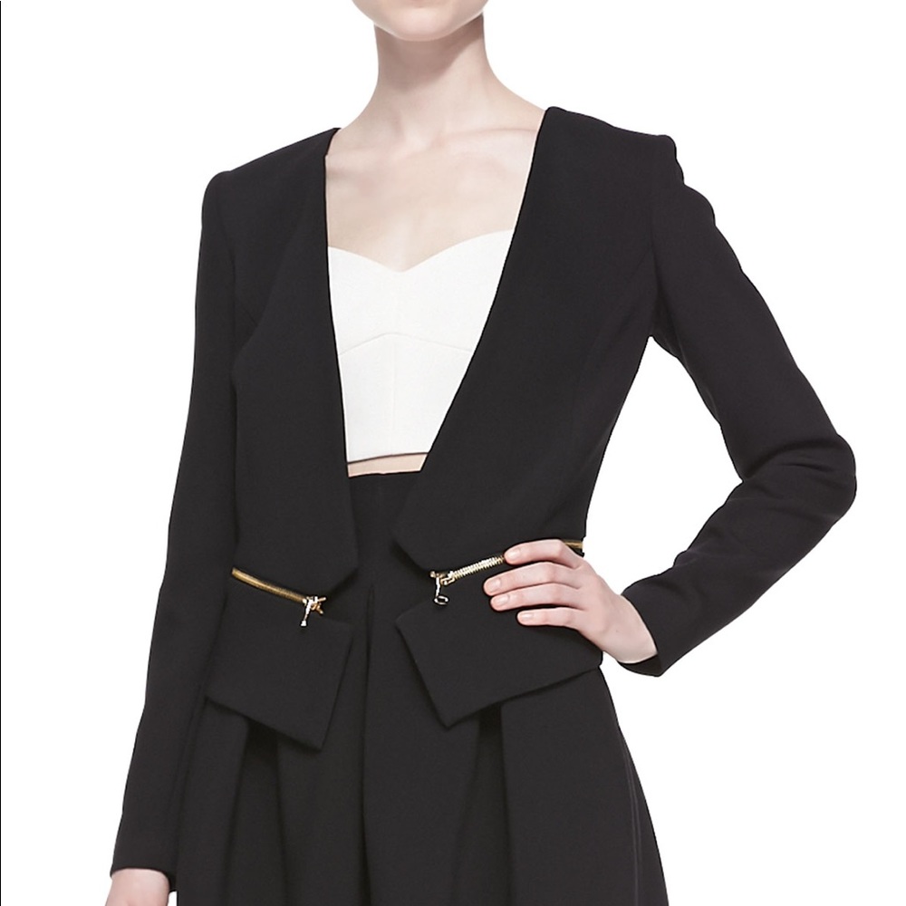 milly | cropped black tuxedo blazer gold zipper trim 8